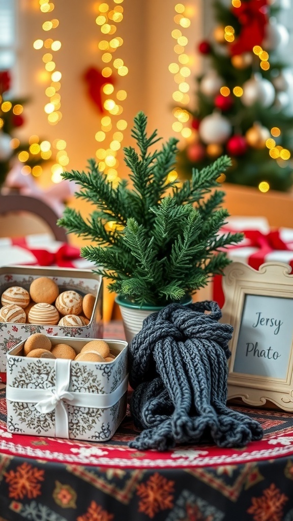 Inexpensive Christmas Gift Ideas A festive arrangement of affordable Christmas gifts including cookies, a scarf, a plant, and a photo frame.